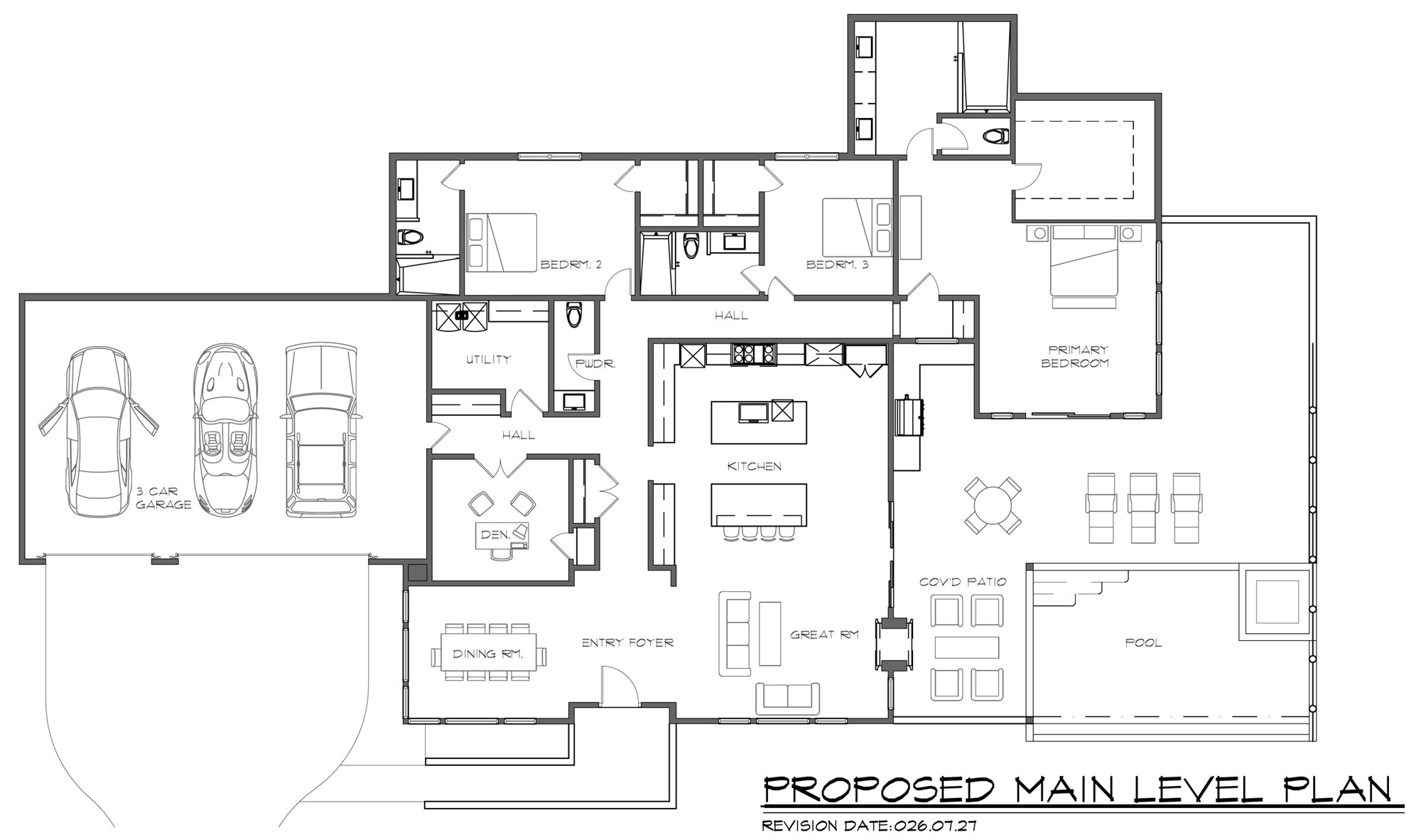 Proposed main-level floor plan showing the three-car garage, den, dining room, two-island kitchen, great room, three bedrooms, covered patio and pool area