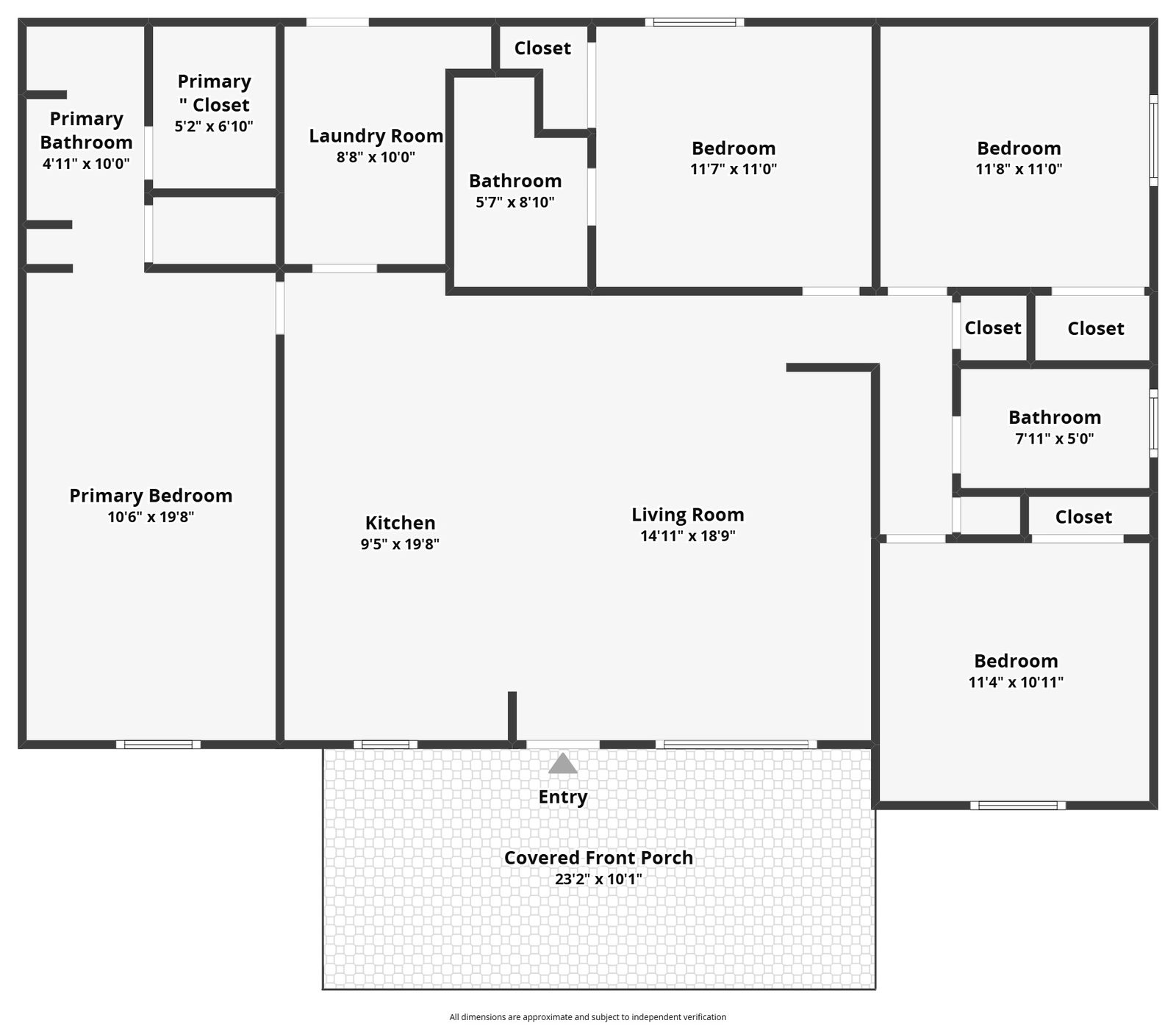 Floor plan showing four bedrooms, three bathrooms, the laundry room and the covered front porch with room dimensions